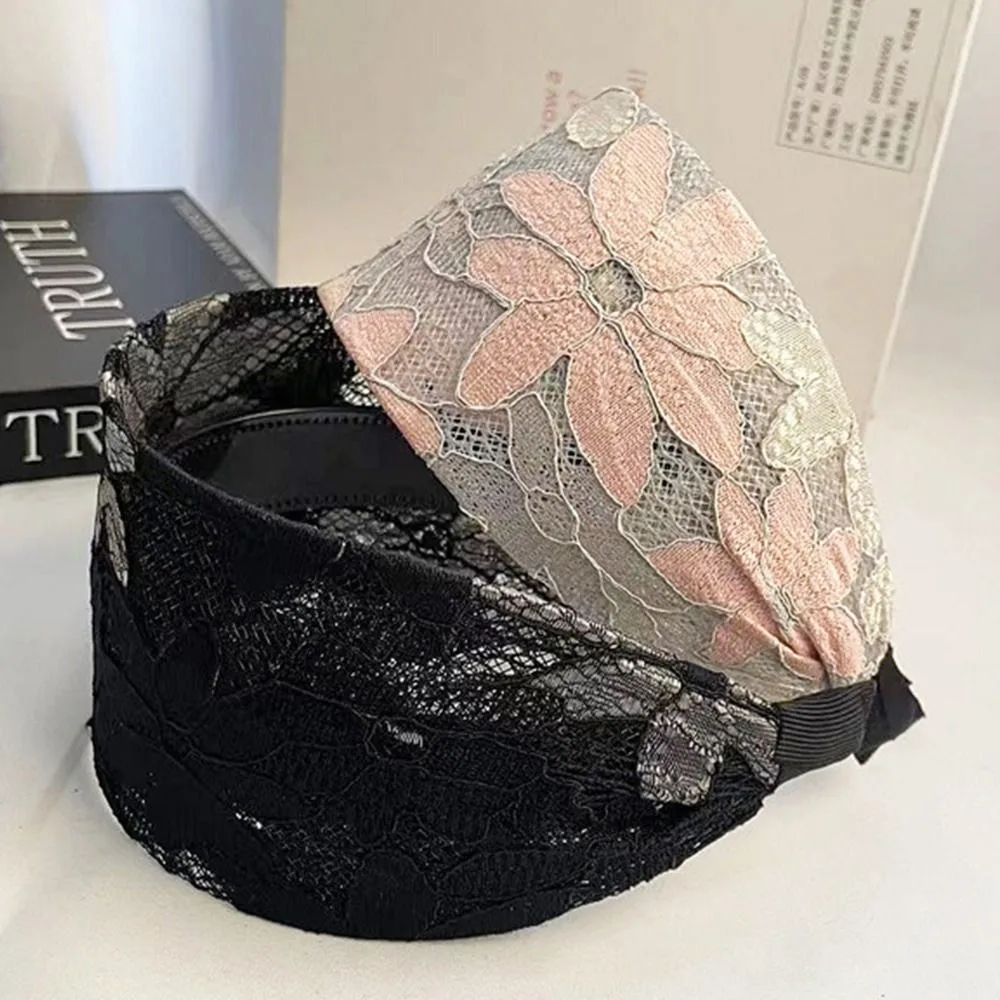 Elegante fascia per capelli con ricamo in pizzo a rete Fascia per capelli antiscivolo con denti di fiori antiscivolo Cerchietto per capelli largo da donna per lavare il viso