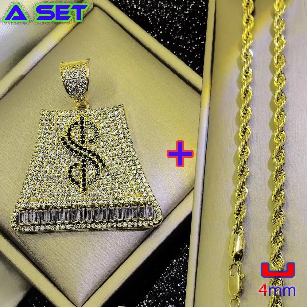 New fashionable hip-hop trendy brand necklace with gemstone inlaid money bag pendant, 18K gold plating, trendy decoration