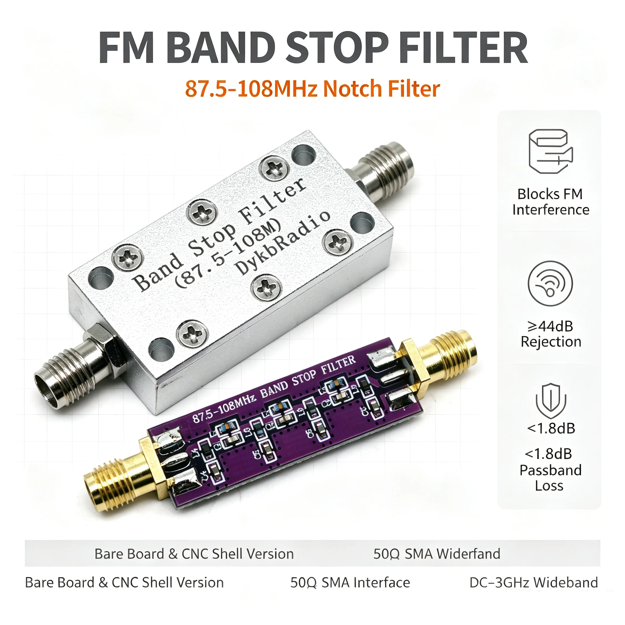 FM Band Stop Filter 87.5-108M Passive Band Reject Notch Filter F/Ham Radio SDR Anti FM Broadcast Interference Shortwave Receiver
