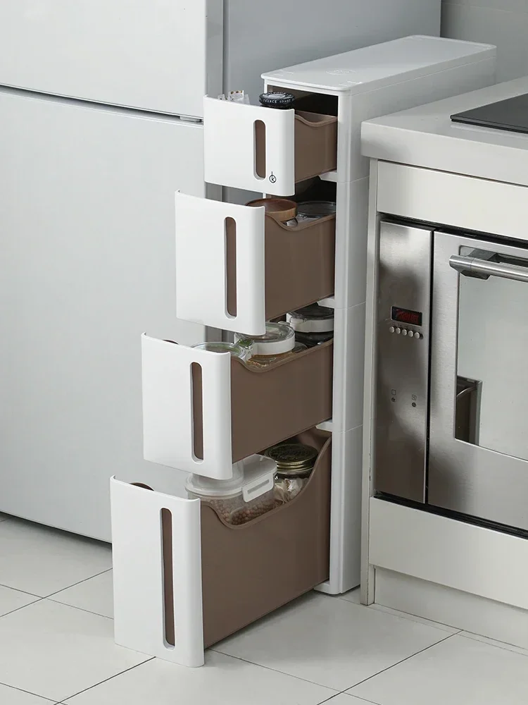 Kitchen Multi-Layer Gap Cabinet Household Narrow-Seam Storage Cabinet with Pulley Chest of Drawer Stackable Locker