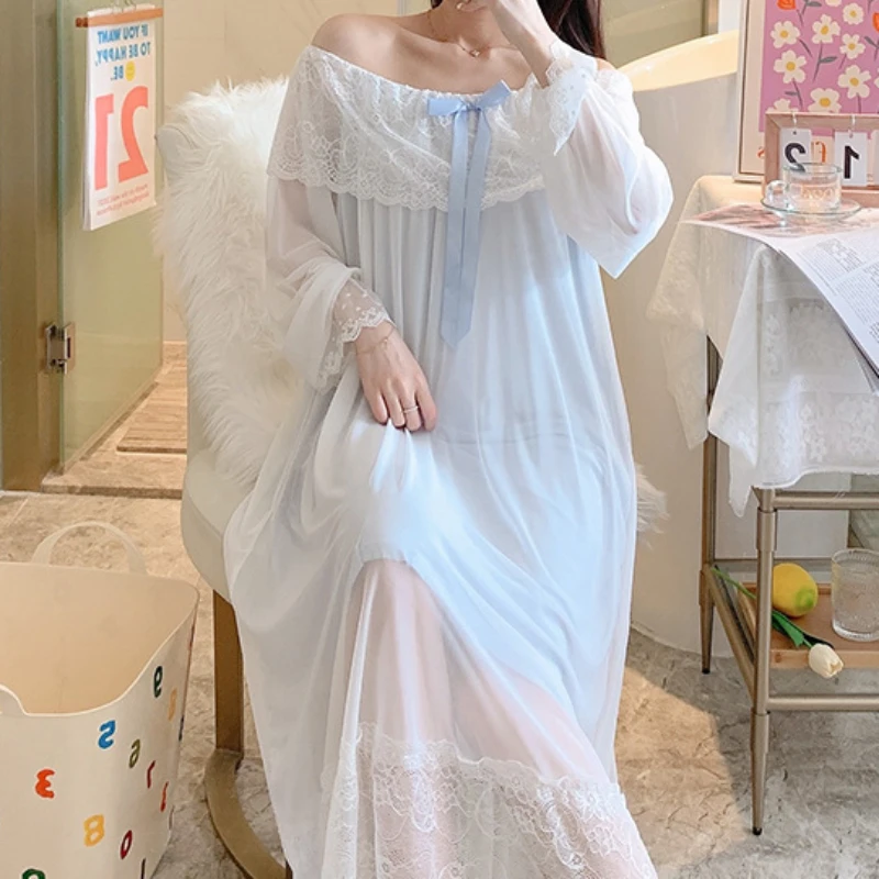 Victorian Vintage Nightgowns Women Princess Sleepwear Spring Autumn Sweet Mesh Sexy Lace Long Sleeve Peignoir Fairy Night Dress