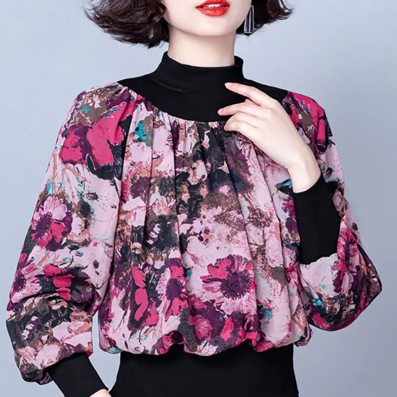 Autumn Winter New Vintage Polka Dot Printed T-shirt Stylish Leopard Floral Chic Chiffon Spliced Loose Half High Collar Pullovers