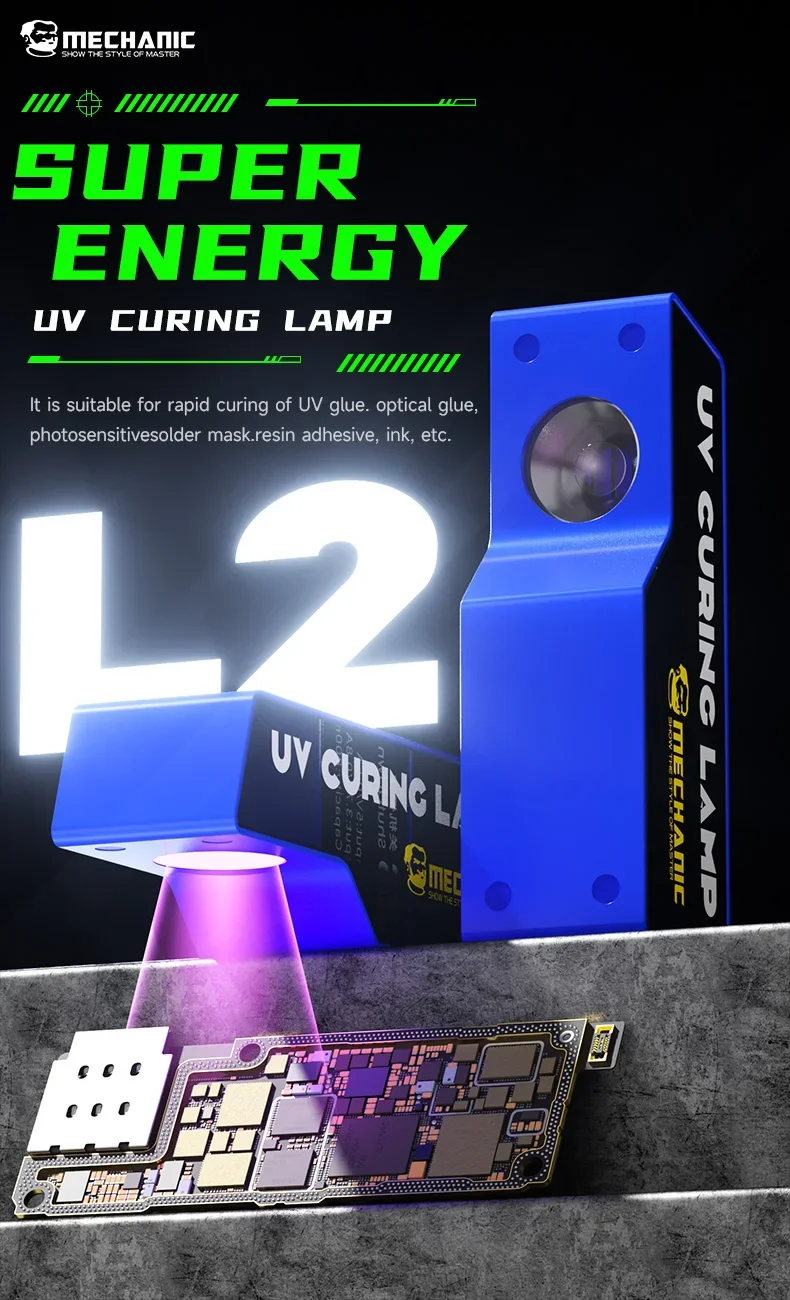 

MECHANIC L2 UV Curing Lamp 3W Fast Curing for Mobile Phone Motherboard UV Glue green oil Curing Repair Lamp Repair tools