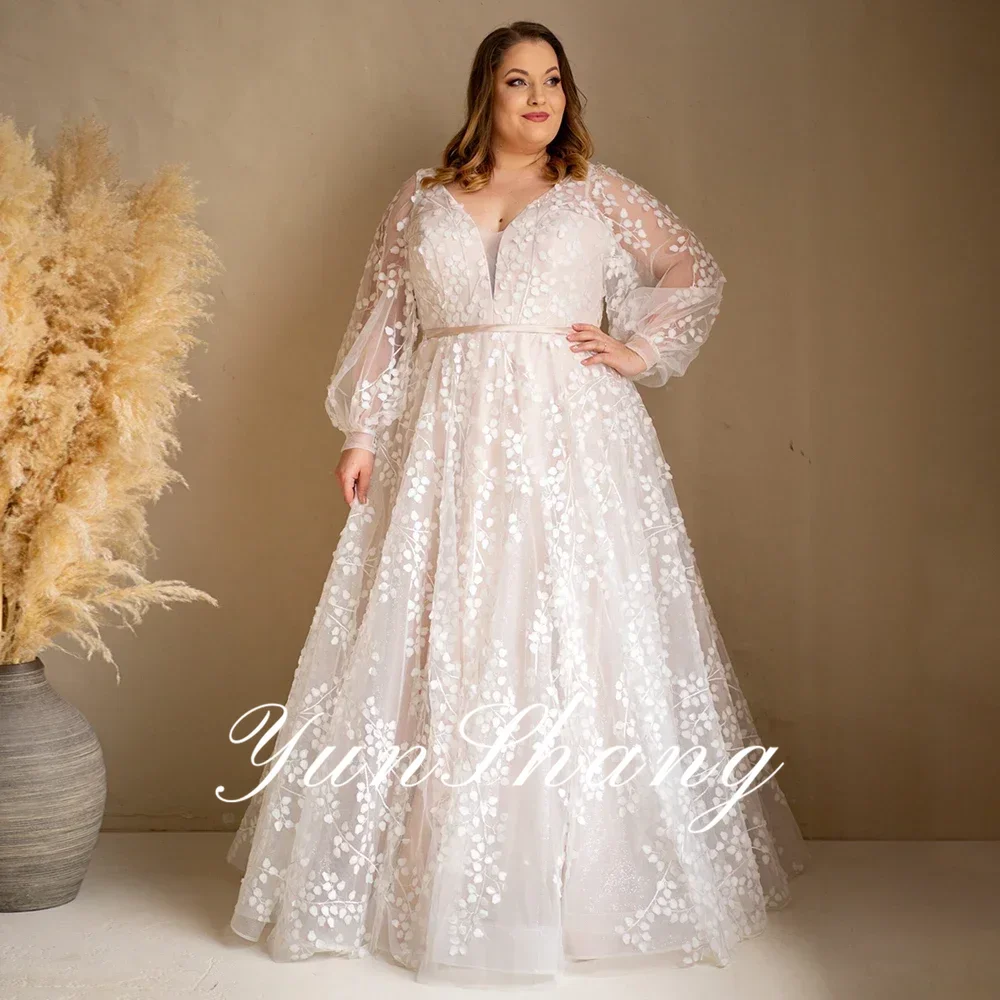 Plus Size V Neck Illusion Long Puff Sleeve Wedding Dress 3D Floral Petal Embroidery Tulle A Line Ball Gown Skirt with Train
