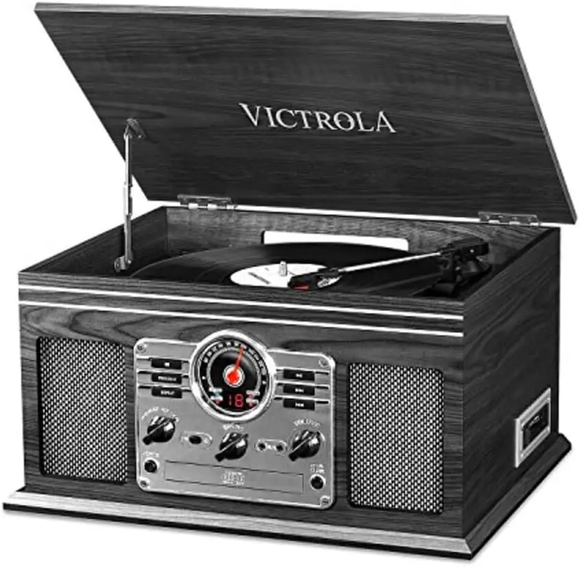 

6-in-1 Bluetooth Record Player with Turntable, CD, Cassette, FM Radio & Wireless Streaming in Grey Wood