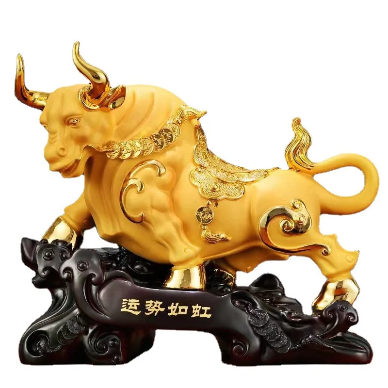 

Feng shui Resin Sculpture Golden Bull Chinese Home Decor Lucky cattle Statue Office Figurines Gift Craft Ornament