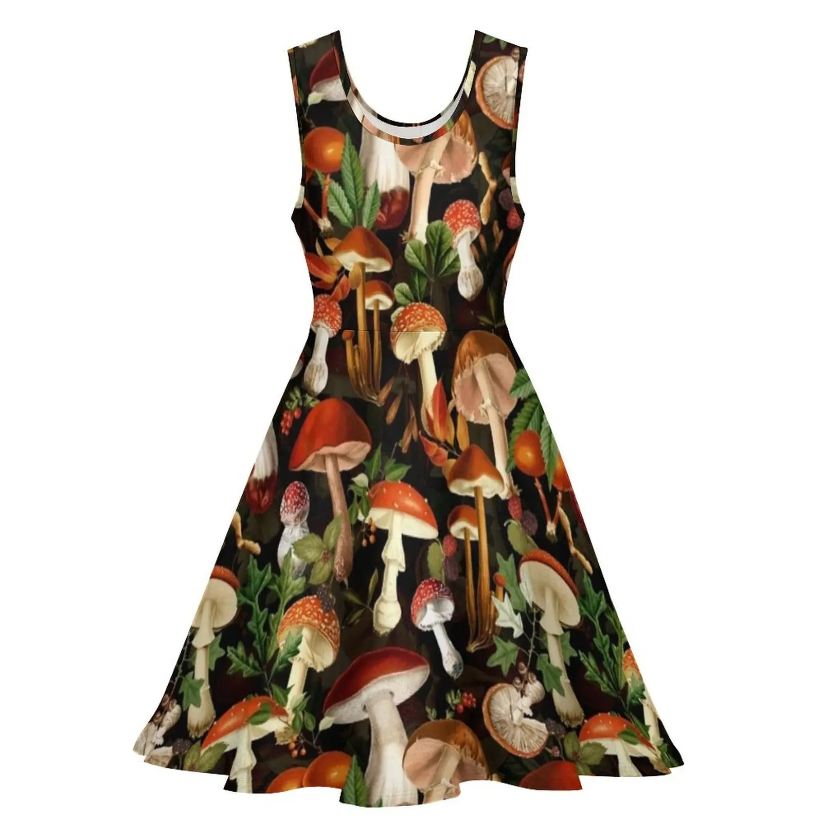 Vintage Red Mushrooms Forest Botanical Night Garden Pattern - Black Sleeveless Dress Prom gown Party dresses