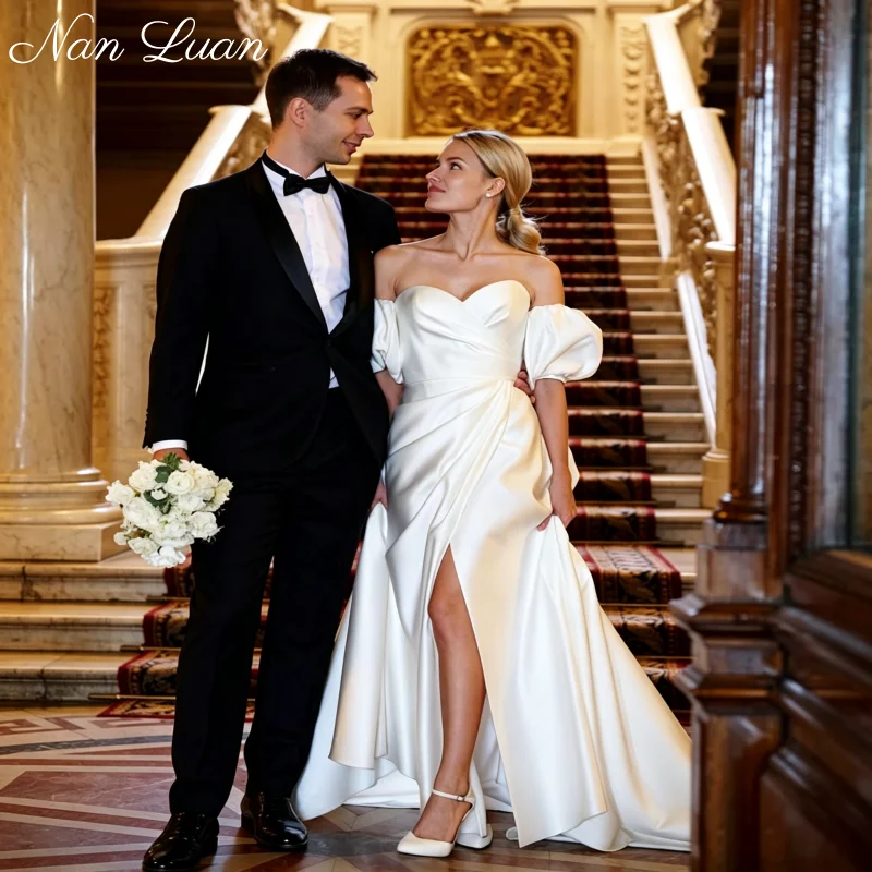 Sweetheart Neck Puff Sleeve Satin A Line Wedding Dress Ruched High Slit Vestidos de Novia Customized