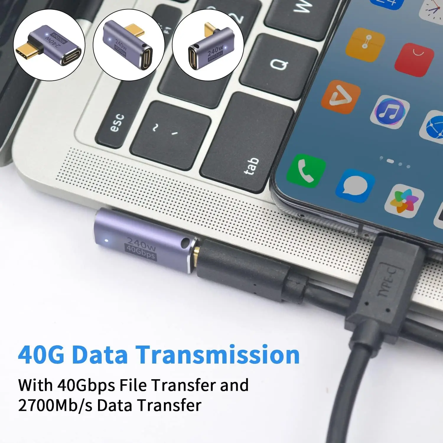3 แพ็ค 240 W, อะแดปเตอร์มุมขวา USB C 40Gbps, อะแดปเตอร์ USB C 90 องศา PD ชายหญิงพร้อมวิดีโอ 8K รองรับ USB 4