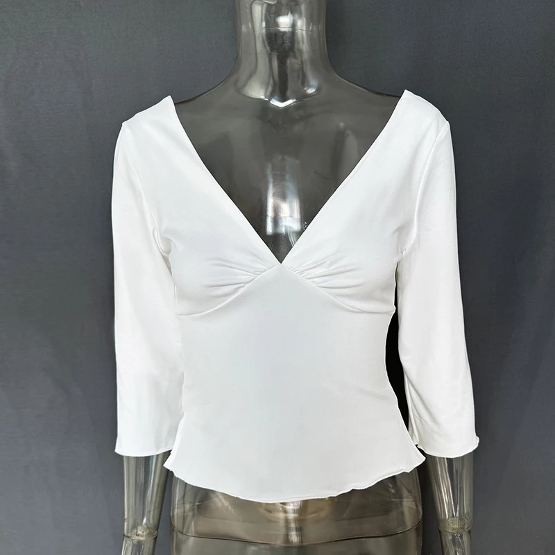 Sexy T-Shirt mit tiefem V-Ausschnitt für Damen, tiefem Rückenausschnitt, gerafftem Oberteil, Glockenärmeln, elegant, französischer Vintage-Stil, schmal geschnitten, Clubwear-Bluse – Detail 2