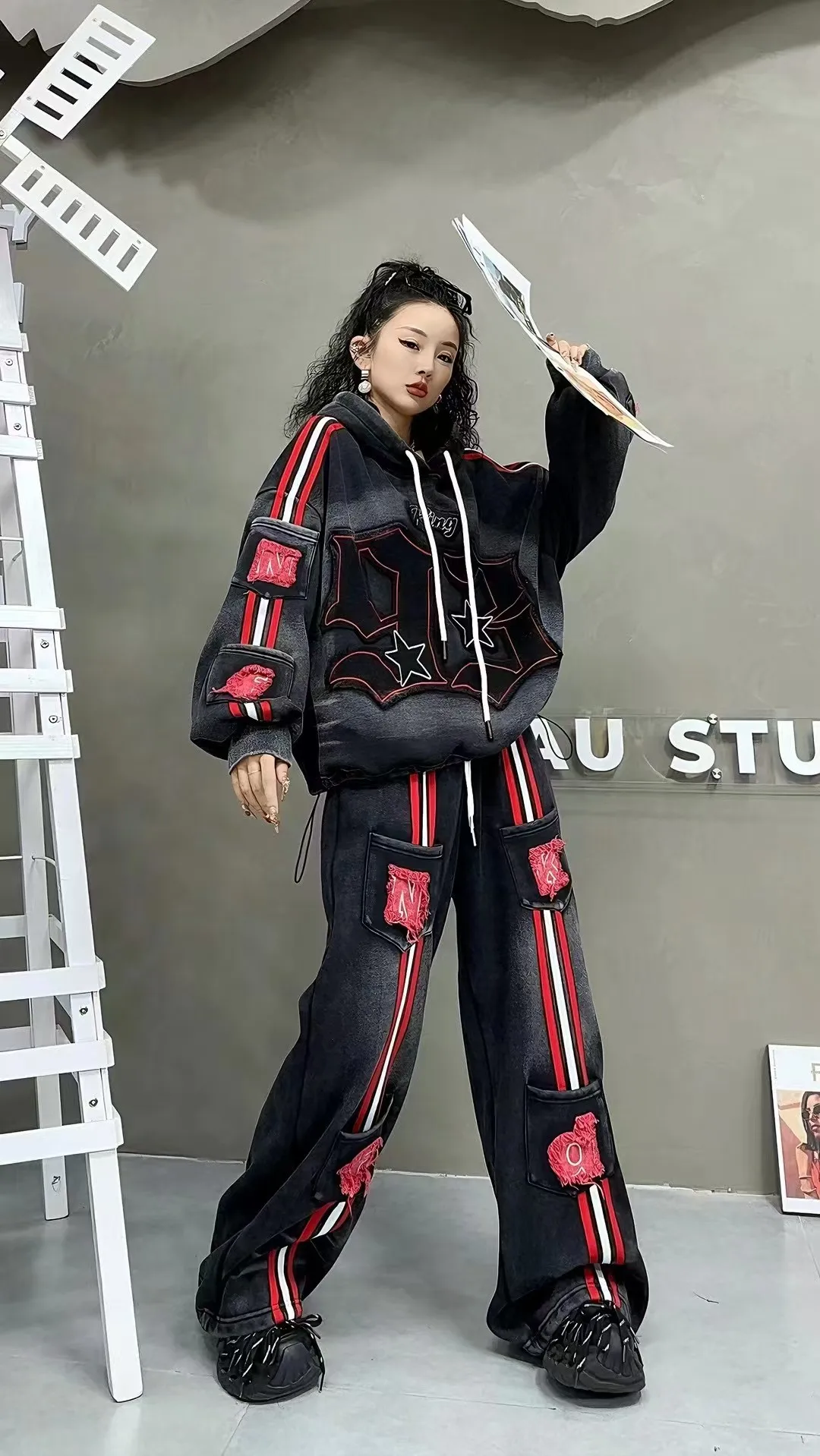European Style Fleece-Lined Casual Pants for Women 2025 Autumn Winter New Striped Patch Letter Washed Cotton Loose Long Pants