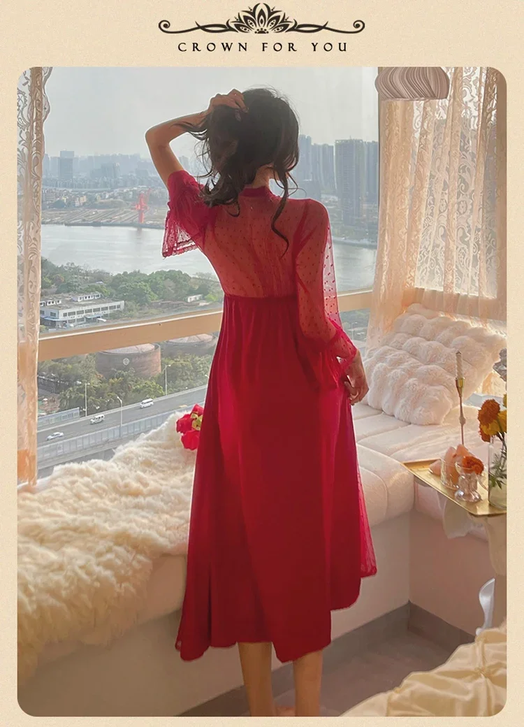 2024 Summer Silk Satin Long Sleeve Sexy Lace Lingerie V-neck Nightgowns for Women Korean Sleepwear Night Dress Nightdress Nighty