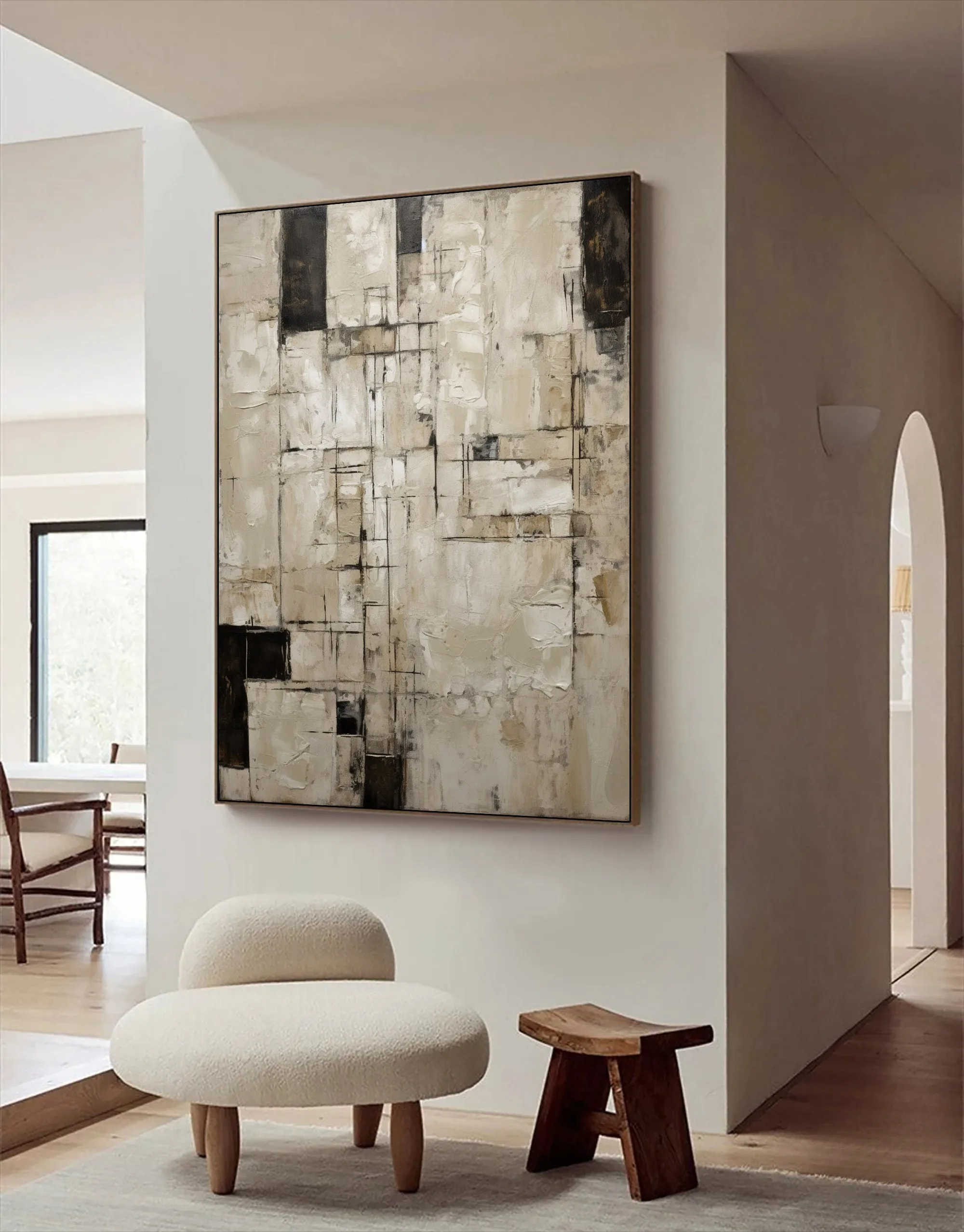 100% hand painted oil painting neutral beige minimalist black line abstract painting for modern living room home wall decoration
