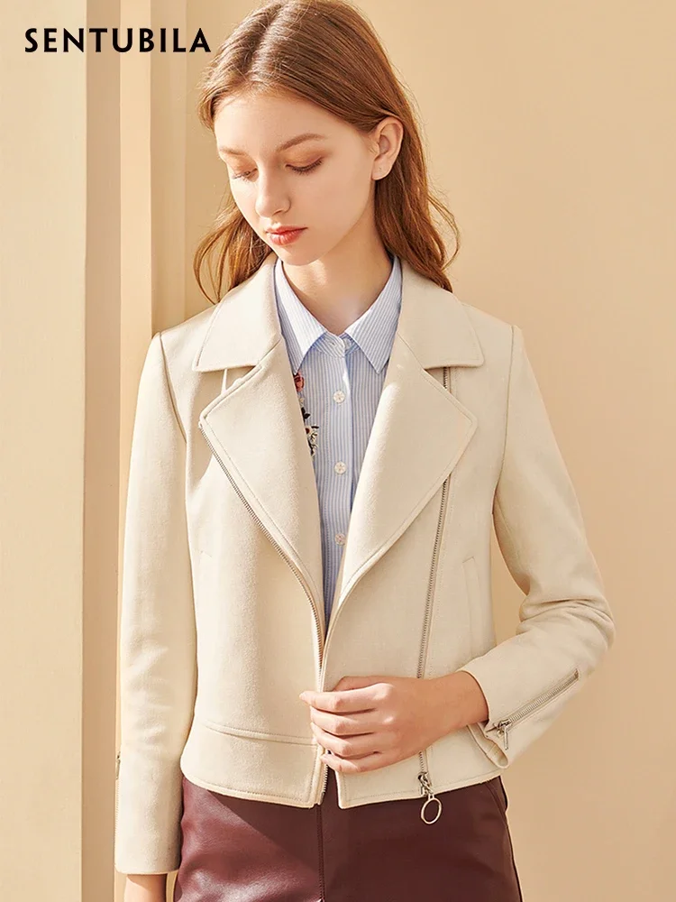 SENTUBILA Women's Jacket Autumn Long Sleeve Zipper Turn Down Collar Short Coat 2026 Apricot Commute Female Outerwear 143W56647X