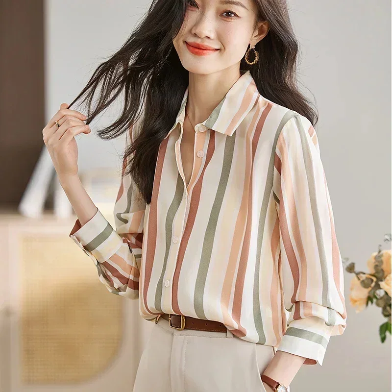 Striped Print Button Front Shirt Casual Long Sleeve Shirt for Spring & Fall Women\'s Clothing Women Tops Blouse Women Shirt