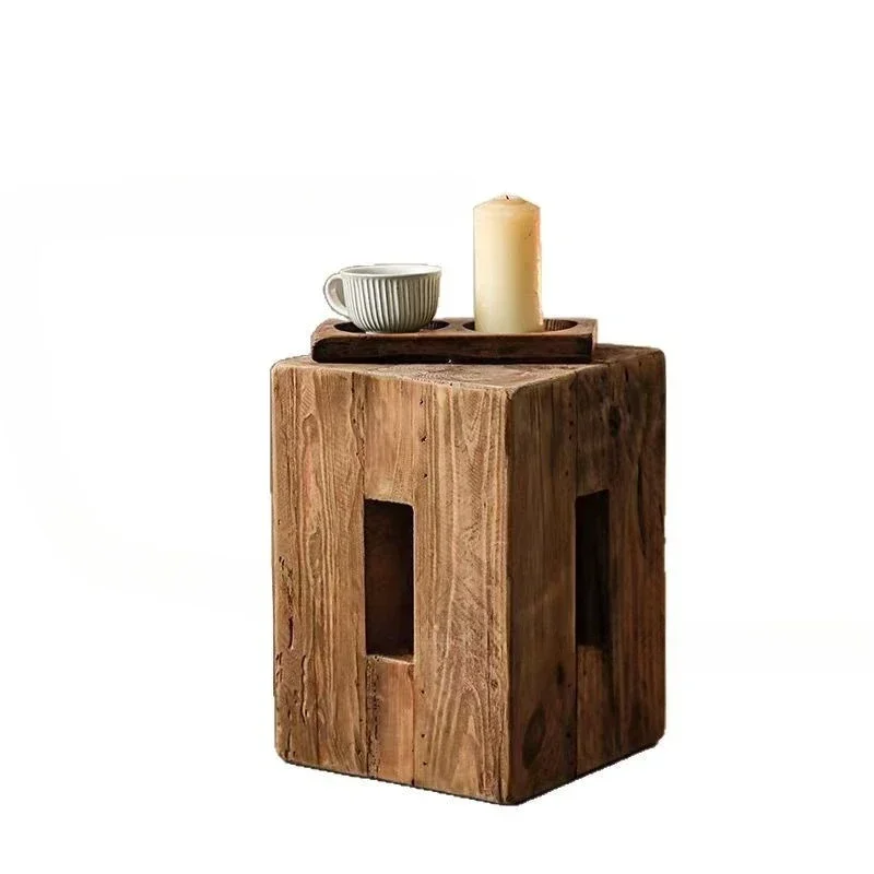 

Simple Chinese log stool old elm open-hole square coffee table solid wood homestay living room small coffee table balcony table