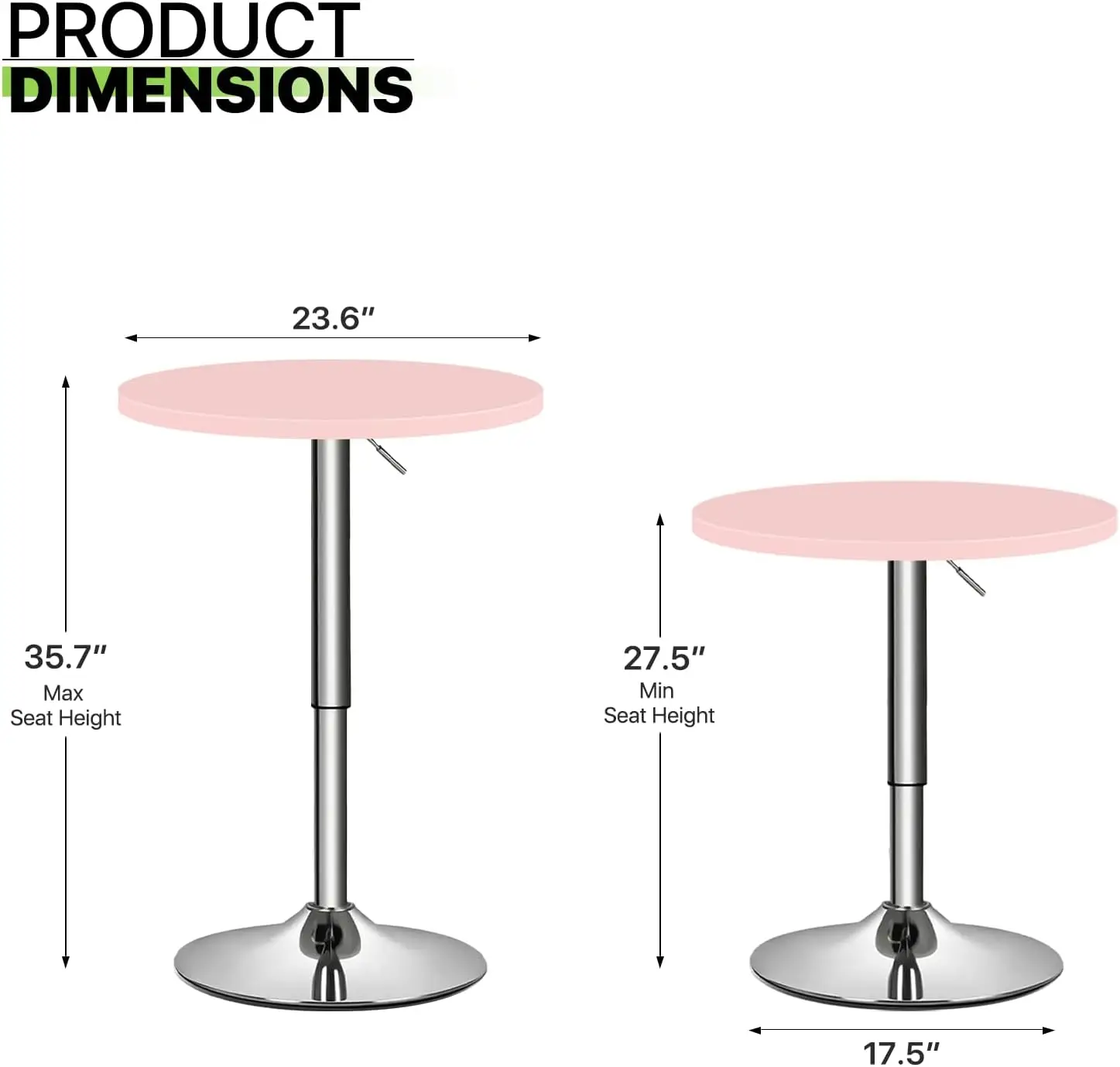 Round Adjustable Height Bar Table,, 360° Swivel MDF Top Pub Table for Dining, Café, Cocktail, Pink