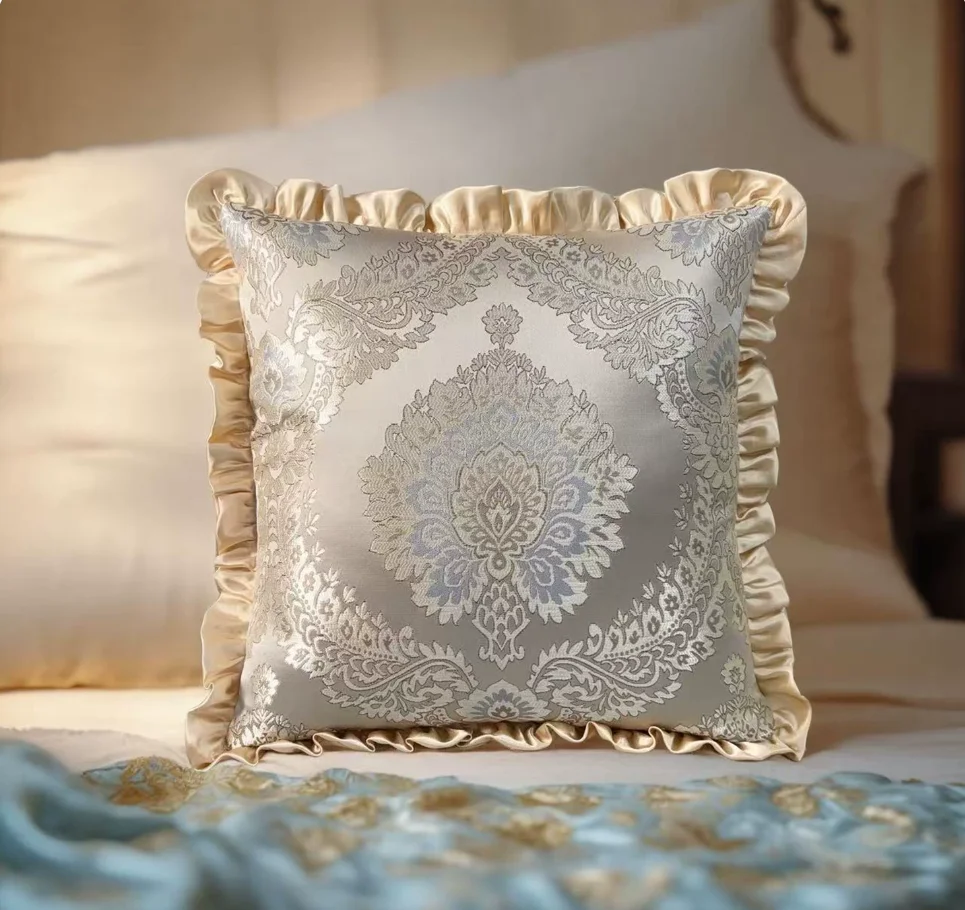 Silver European Cushion Cover with Ruffled Edges, Car Lumbar Pillows, Pastoral Throw Pillows for Sofa Hotel Decoration