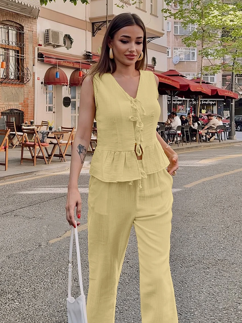 Marthaqiqi Cotton Women Nightwear Set Sexy V-Neck Pajama Lace Up Nightgown Sleeveless Nightie Pants Casual Ladies Sleepwear Suit