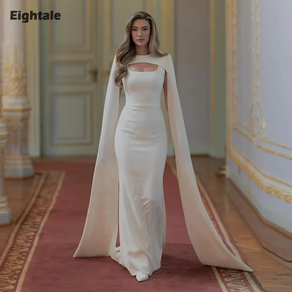 

Eightale Arabic Wedding Dress O-Neck Customized White Ivory Cape Sleeves Mermaid Satin Muslim Bridal Gown