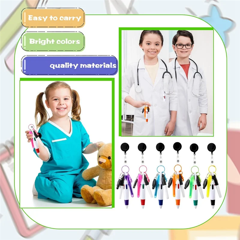 【スーパーディール】8パックバッジリールペン格納式シャトルペン、ミニマーカーペン懐中電灯キーリング格納式バッジホルダー付き