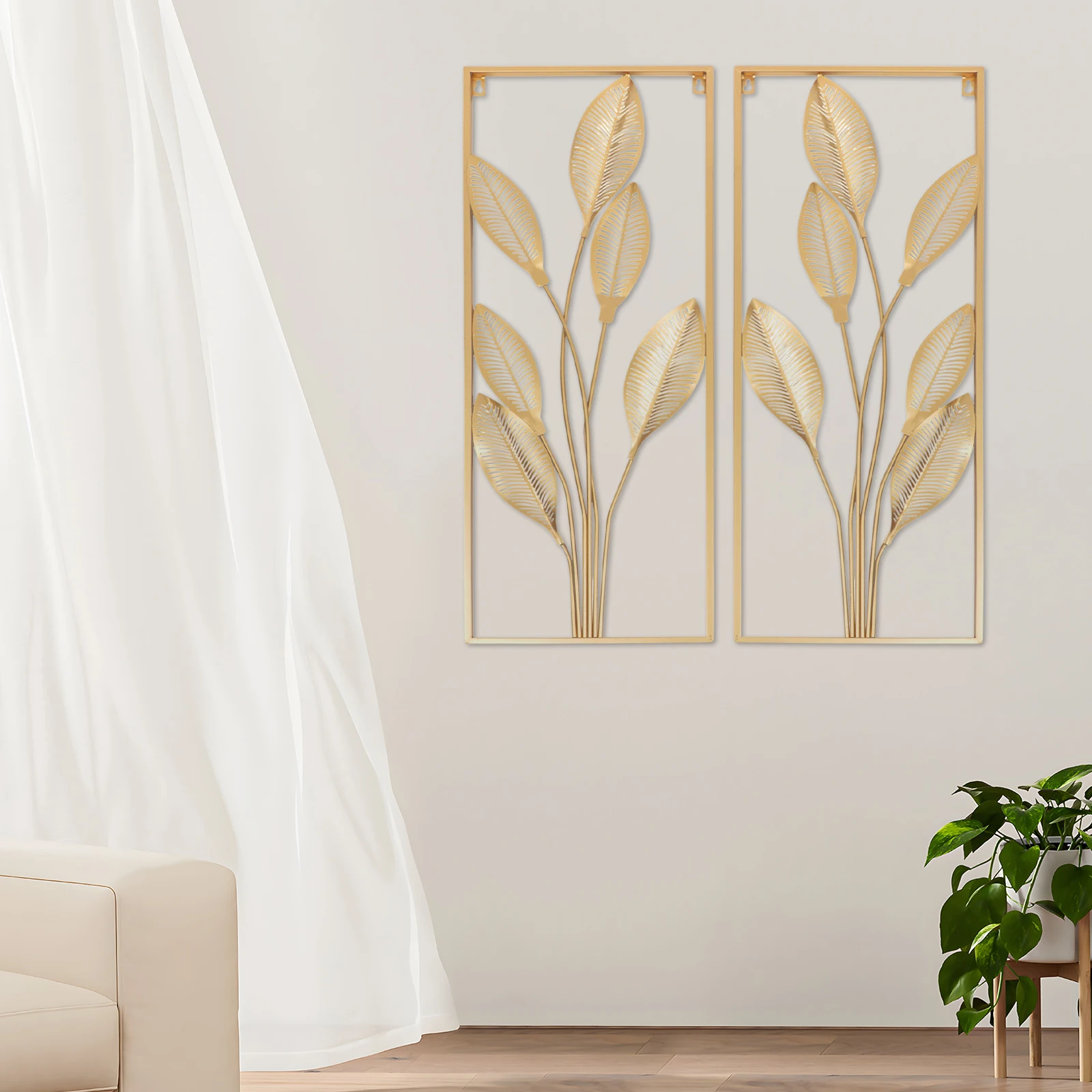 

2 PCS Golden Leaf Wall Hanging Decor Gold Iron Metal Wall Art Rectangular Pear Leaves Baking Spraying Paint Modern Wall Mount
