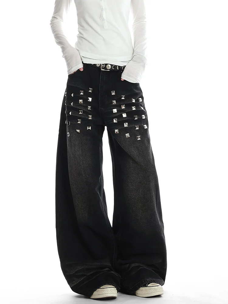 

Large Size American Washed Punk Black Jeans Women's Autumn Winter Loose Straight High Street Design Wide Leg Pants