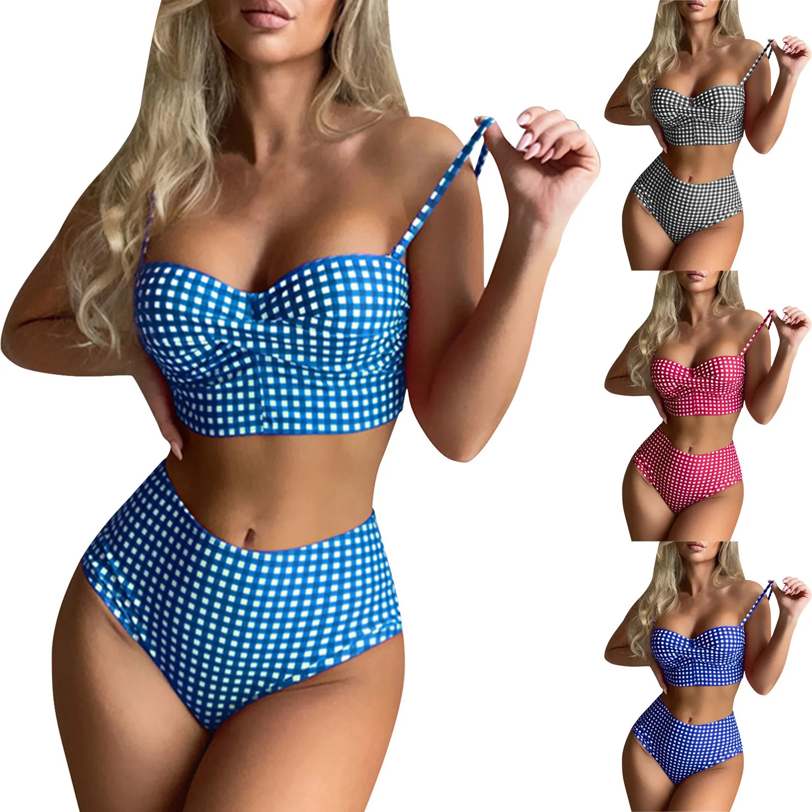 Women\'S Plaid Swimsuit With Chest Pad Push Up Two-Piece Swimsuit Tank Top With Panties Slim Fit Swimsuit Plaid Swimsuit 비키니