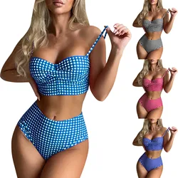 Women'S Plaid Swimsuit With Chest Pad Push Up Two-Piece Swimsuit Tank Top With Panties Slim Fit Swimsuit Plaid Swimsuit 비키니