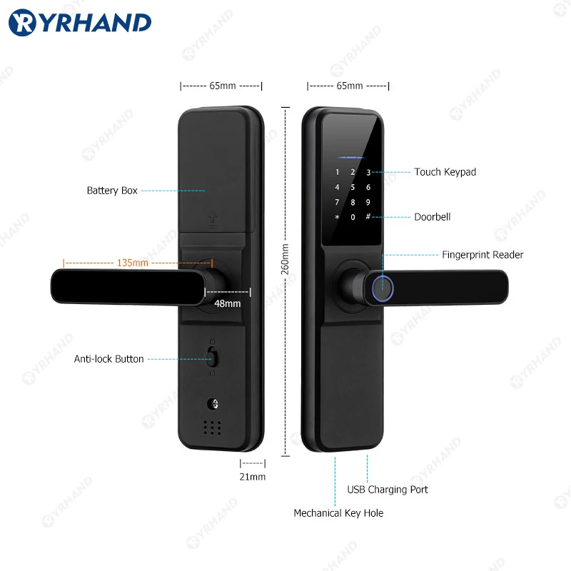 YRHAND Tuya wifi App Unlock fechadura Biometric eletronica digital Waterpoof Fingerprint IC card Smart Door Lock for Home