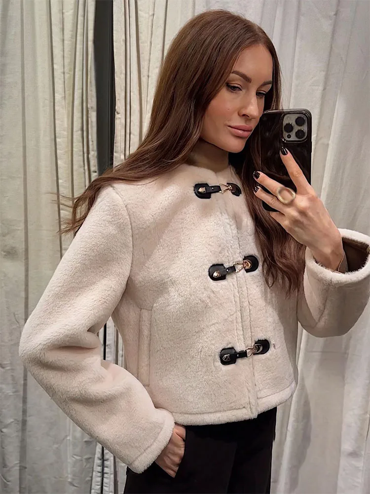 HH Women's Autumn And Winter New Double-Sided Jacket With Knot Buckle, Faux Fur Decoration, Slimming Short Style Jacket