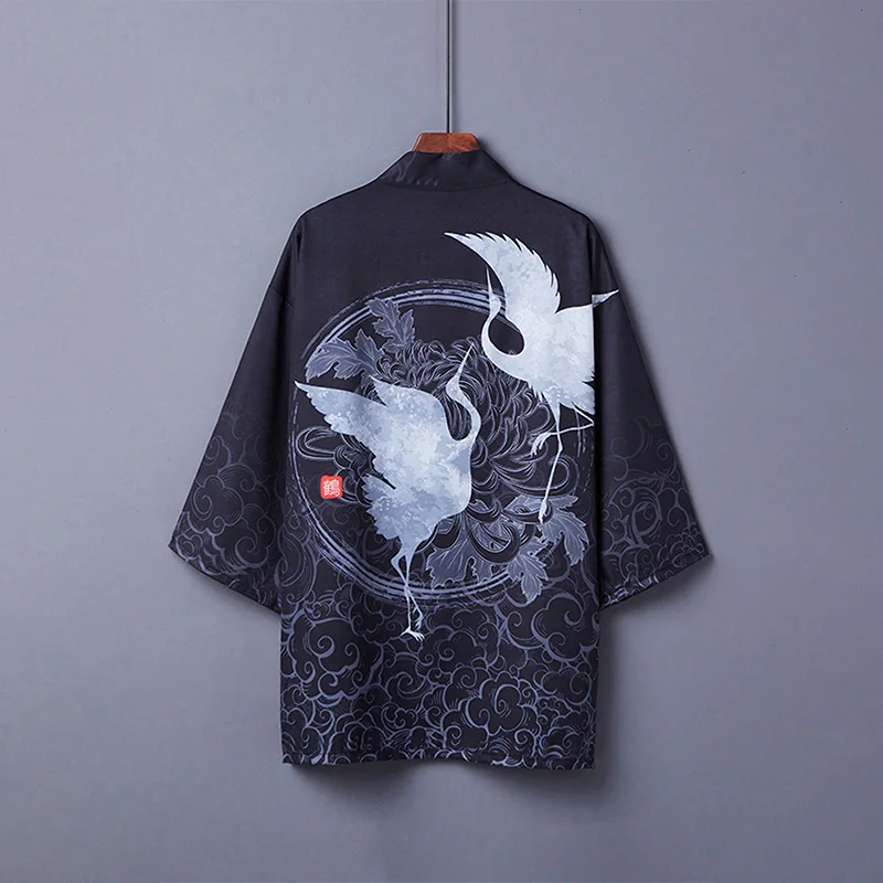 

New Chinese-Style Retro Improved Hanfu Feather Jacket Cardigan Summer Crane Print Kimono Yukata Cover-Up Coat