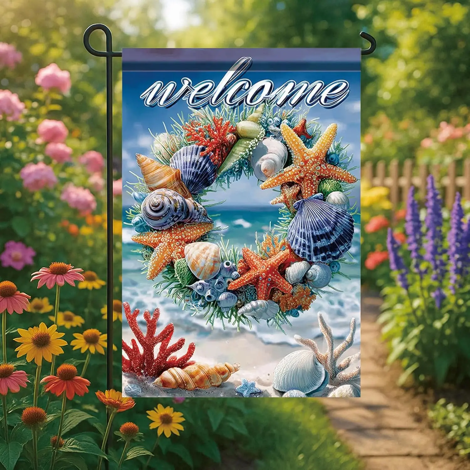 Spring Summer Garden Flag 12x18 Inch Coastal Welcome Seashell Starfish Coral Wreath Ocean Beach Design Outdoor Yard Porch La zzo