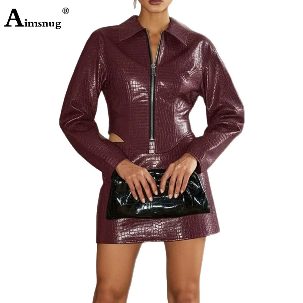 2026 European Sexy Notched Pu Leather Skirt Sets Night Club Dance Party Skirts Outwear Women High Cut Basic Short Mini Dress New