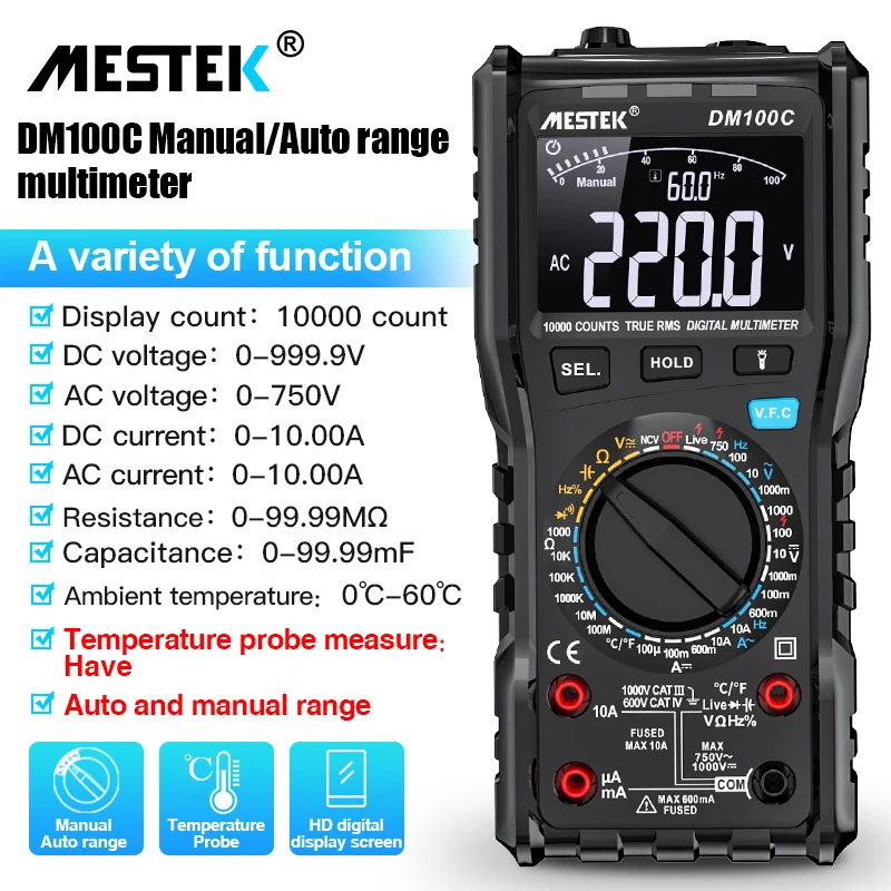 Mestek New 1000V 10A Tester Meter Ohm Hz Capacitance REL True RMS AC DC DMM Multitester 9999 Counts Digital  Temp Auto Range