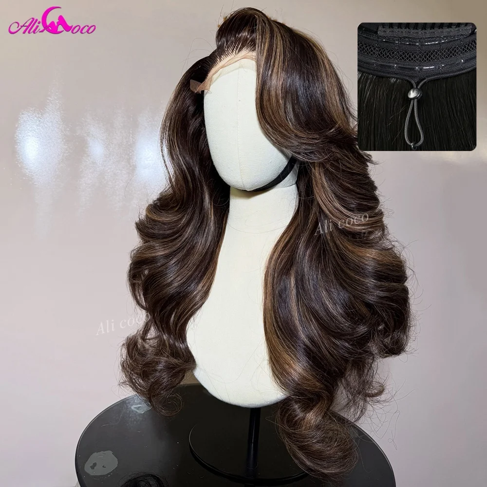 200 Density Color 2/30 Highlights Brown 13X6 Drawstring Lace Front Real Human Hair Glueless Body Wave Transparent HDWig Pre-cut
