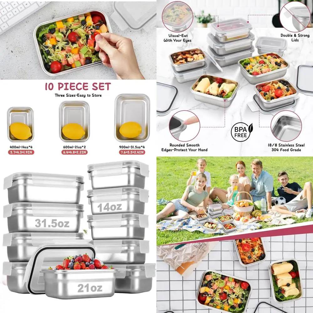 

10-Piece Stainless Steel Food Containers with Lids, Airtight Bento Lunch Boxes, Reusable Meal Prep Containers - Stackable, Oven/