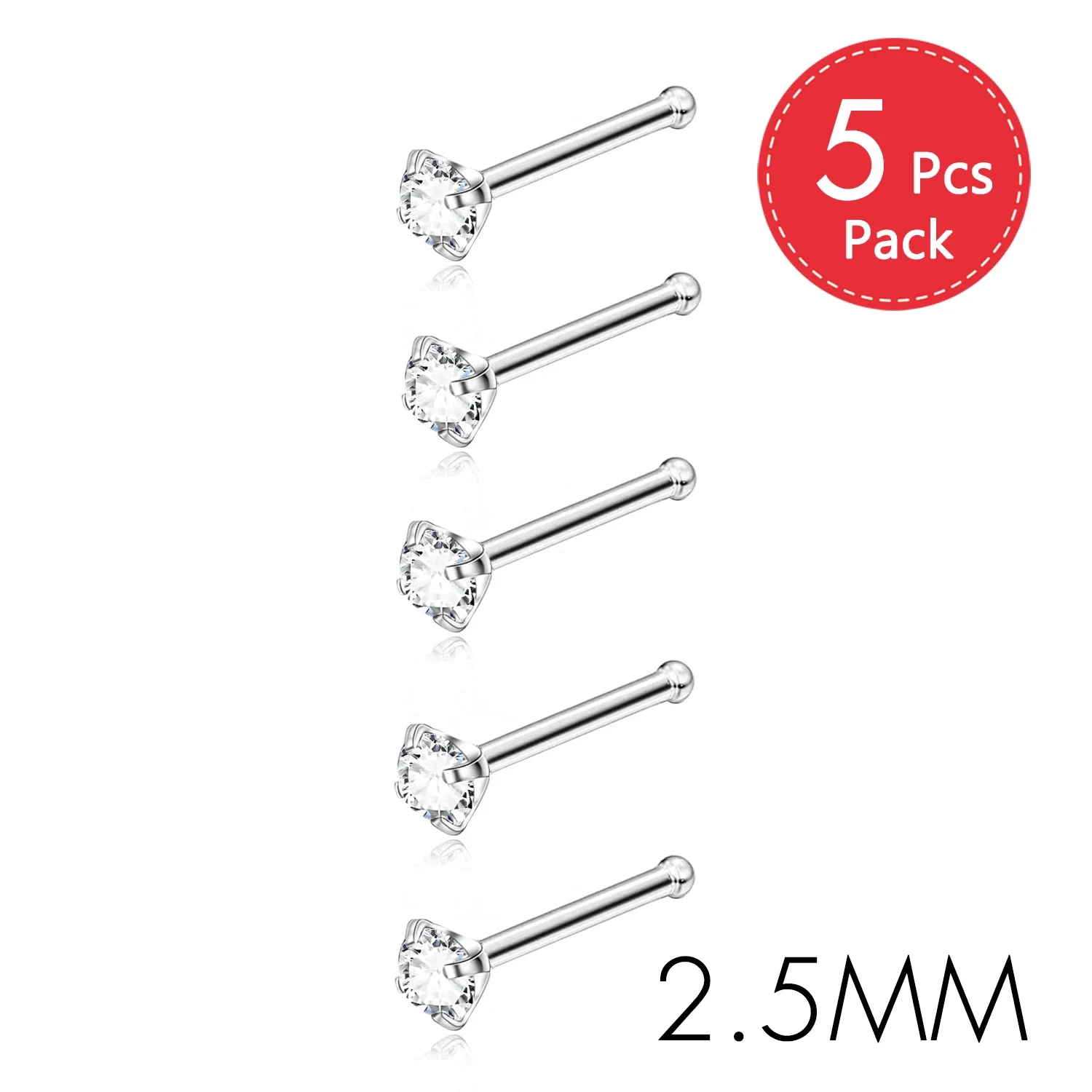 CZ Gem Stainless Steel Nose Piercing Studs, 5Pcs Set