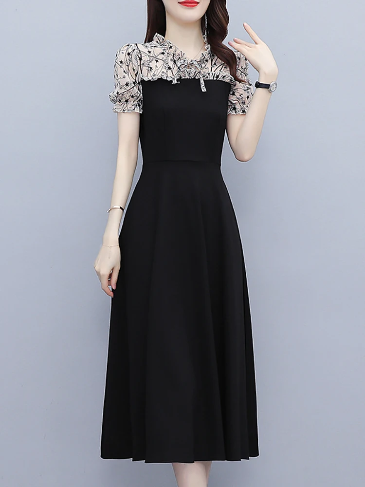 2024 Black Chic Ruffled Collar Midi Dress Summer Short Sleeve Elegant Women Bodycon Party Dress Korean Vintage Prom Night Dress