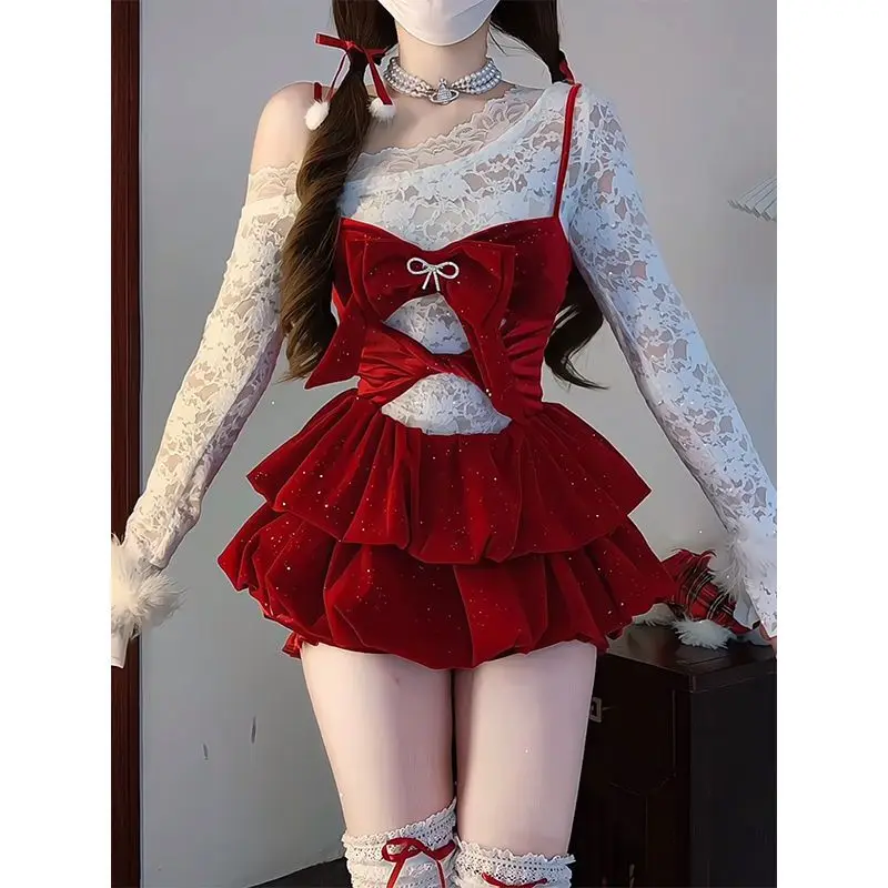Korean Fashion Sweet Lolita 3 Piece Set Women Kawaii Lace Tops Red Velvet Caimi Dresses Y2k Pumpkin Shorts Birthday Party Suits