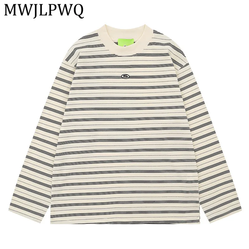 

MWJLPWQ Simple Style Casual Green Contrast Stripe Retro T-Shirt For Men Loose Long-Sleeve Autumn Unisex Casual Tops Autumn 15745