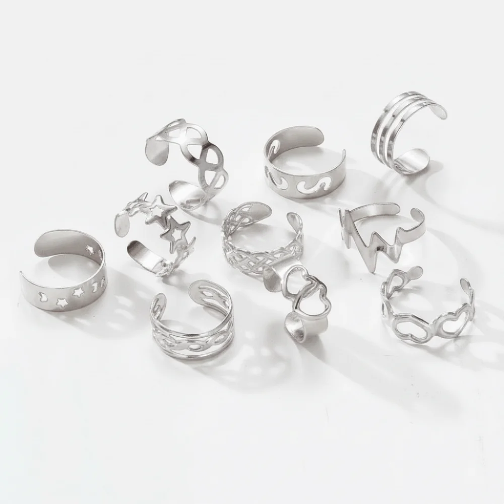 10Pcs Vintage Toe Rings Set Silver/Gold Alloy Women Foot Rings Adjustable Different Shapes Summer Beach Jewelry