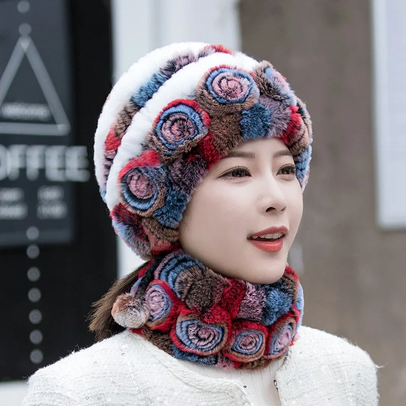 Real fur hats women's winter fashionable mom warm ear-protecting for autumn and scarf sets