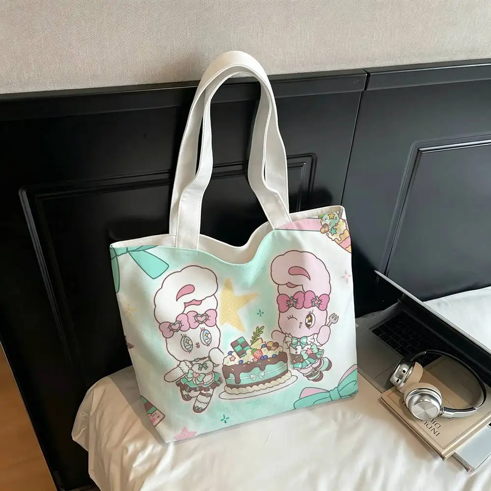 Cute E-Esther Bunny Rabbit Badge Printed Canvas Tote Bag Shoulder Bag Commuter Mommy Shopping Bag