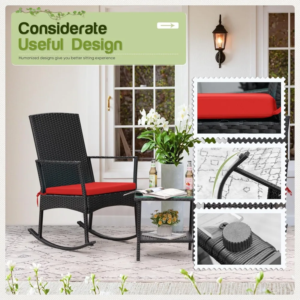 Outdoor PE Rattan Rocking Chair with Glass Table, High Back Porch Rocker for Balcony, Garden, Backyard - Red
