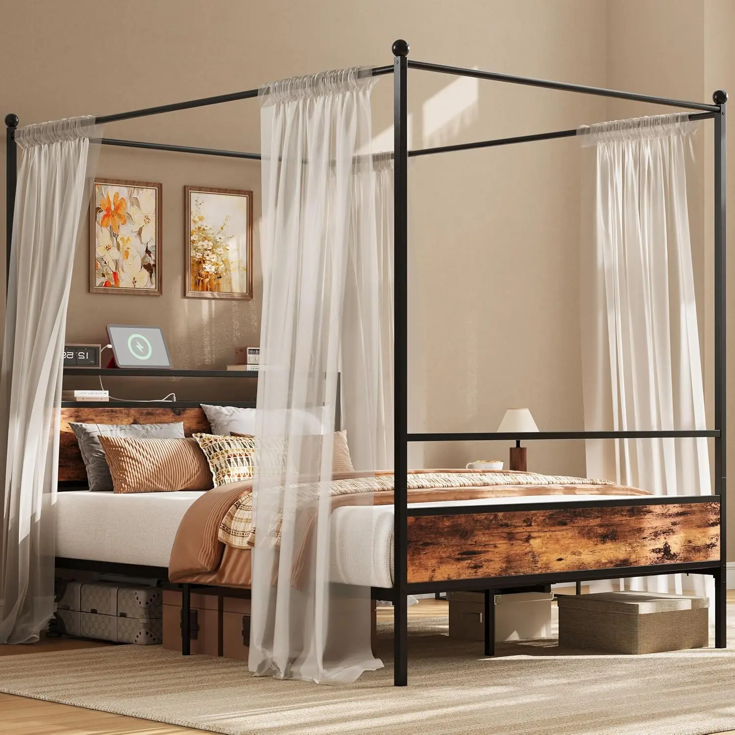 Queen Canopy Bed Frame With Storage Headboard & USB Charging Station, Customized