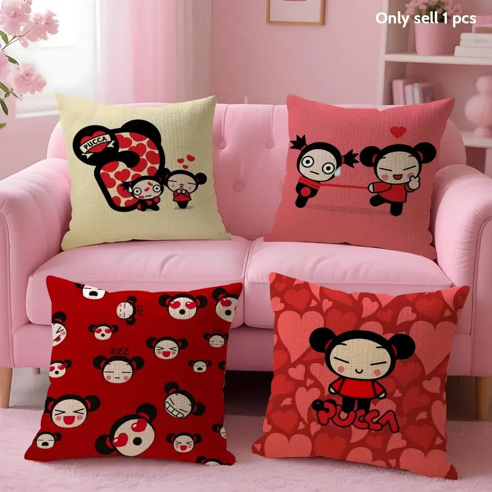 Kawaii P-Pucca Anime Cushion Cover Ventilate Linen Fabric Double-Sided Printing Protective Pillow Case Sofa Home Decor