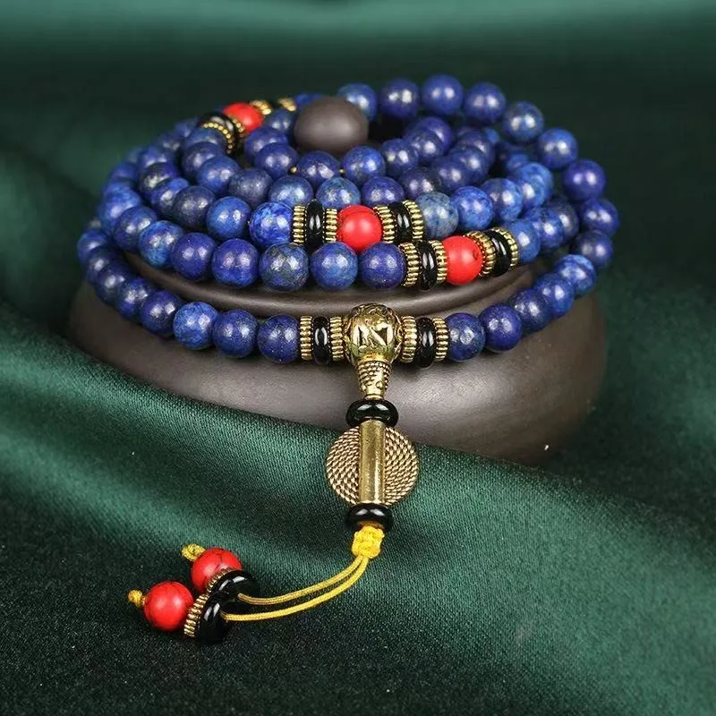 Bracelet-collier optimisé en Lapis Lazuli 108 perles, Mala de prière unisexe en pierre turquoise rouge mélangée, Bijoux