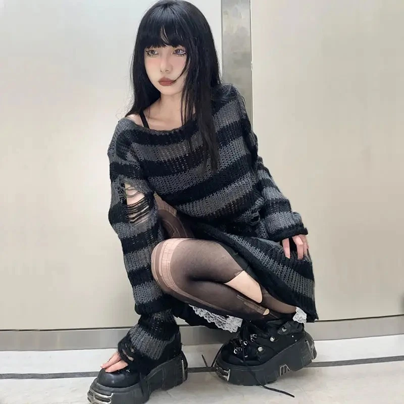 PTKPCC Women Y2K E-girl Goth Hole Striped Knitted Pullovers Long Sleeve Ripped Sweater Jumpers Punk Style M3288