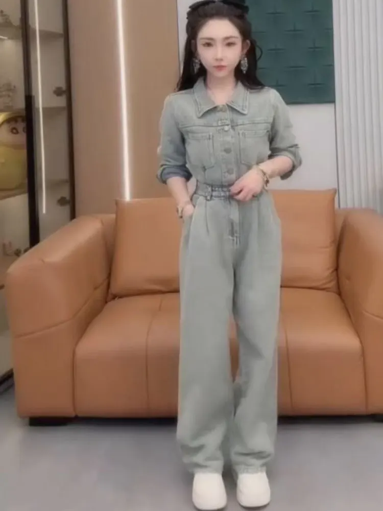 

Spring Autumn 2025 Faionable Casual Denim Jaet And Overall Set Slimming Meat Covering Versatile Women's Two-Piece Suit